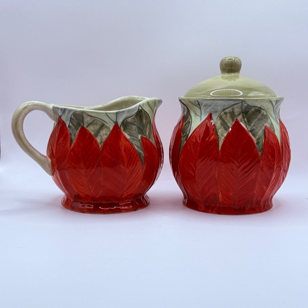 Gibson Red & Green Poinsettia Leaves Creamer & Sugar‎ Bowl Hand Painted Set